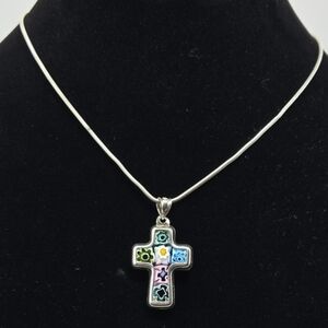 Vintage Italian Sterling Silver Glass Millefiori Cross Pendant Necklace 16 Inch
